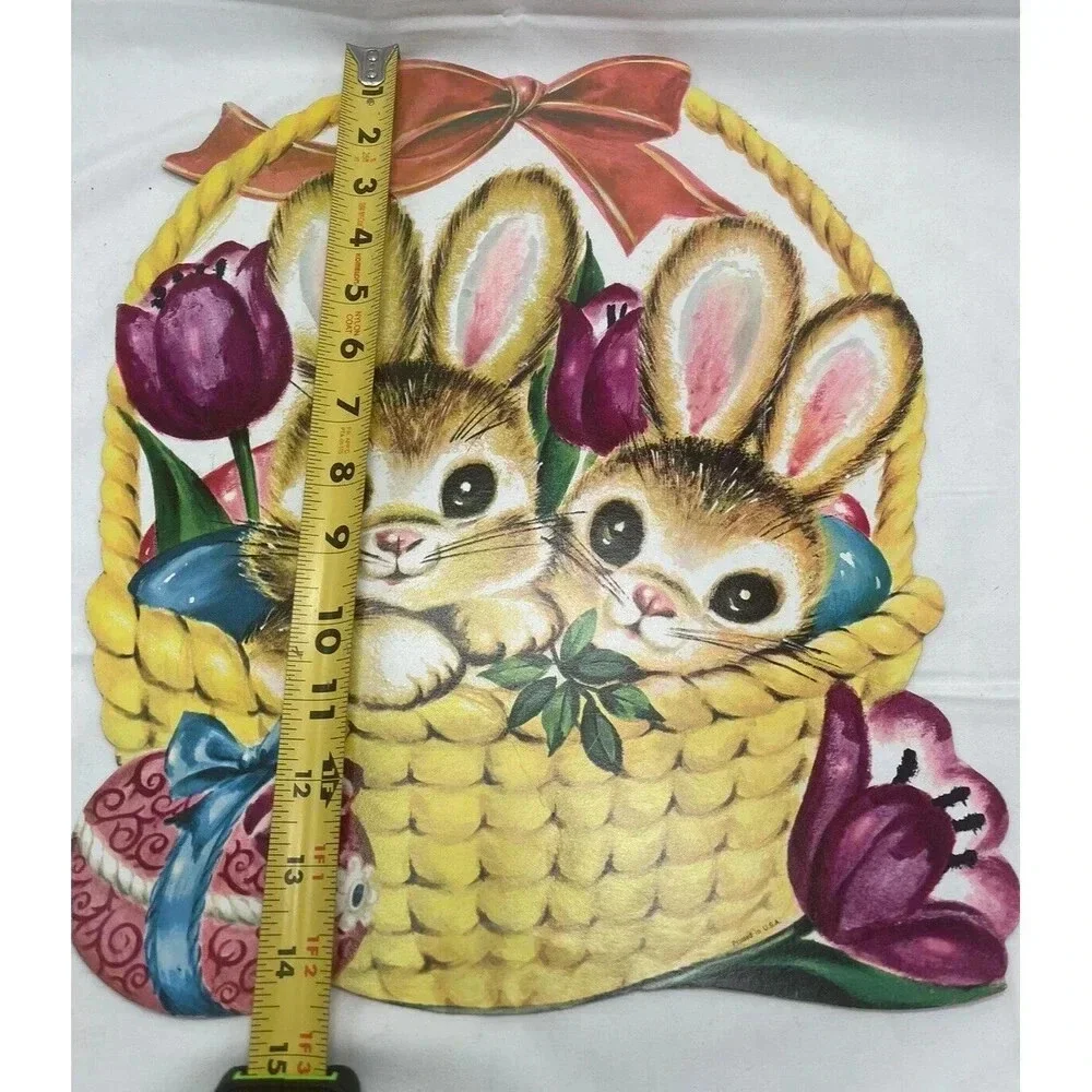 VTG Die Cut Cardboard Easter Decoration Brown Rabbits in Basket with Egg Tulips